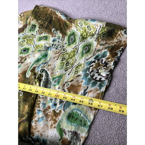 Chicos Silk Poncho Top S/M Green Paisley Animal Print Artsy Lightweight Beaded - Picture 9 of 12